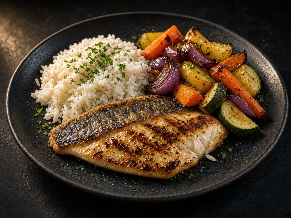 Grilled fish, rice, and roasted vegetables