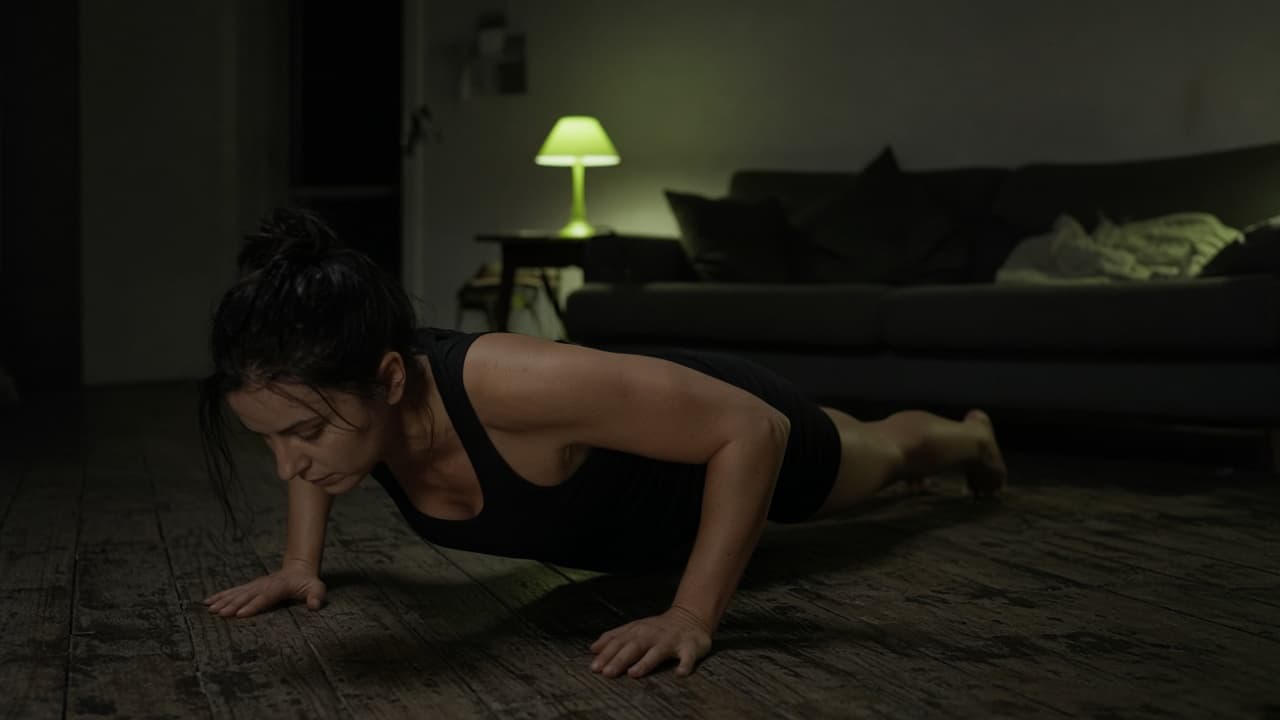 A push-up on a wooden floor, with a lamp in the room behind