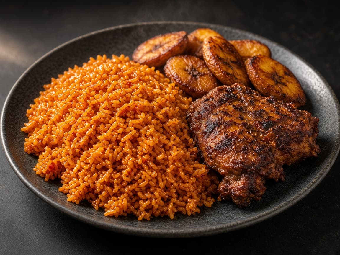 Jollof rice, plantain, and grilled chicken