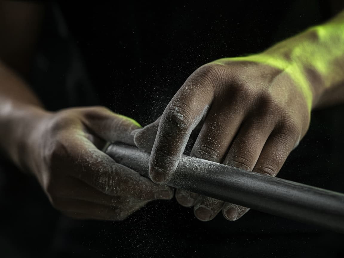 Chalked hands on a barbell